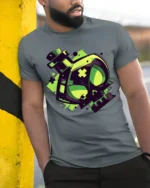 Neon Toxic Skull Potion Bottle Gamer Style Graphic T Shirt - model wearing grey tee, leaning on column