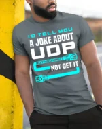 Id Tell You A Joke About UDP Funny Networking Nerd T Shirt - model wearing grey tee, leaning on column