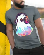 Cute Rainbow Ghost With Headphones Kawaii Music Lover T Shirt - model wearing grey tee, leaning on column