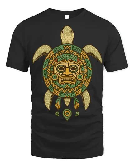 Tribal Sea Turtle Aztec Pattern Ancient Style Graphic T Shirt - black t-shirt on white background