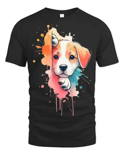 Cute Puppy Splash Art Graphic T Shirt Colorful Dog Lover Tee - black t-shirt on white background