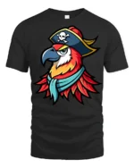 Pirate Parrot Captain Graphic T Shirt Colorful Bird Adventure Tee - black t-shirt on white background