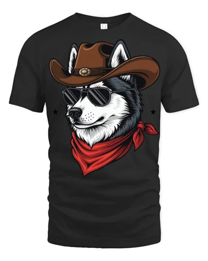 Cool Cowboy Husky Dog Graphic T Shirt Western Sunglasses Tee - black t-shirt on white background