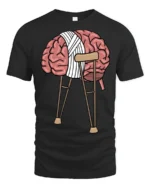 Funny Broken Brain On Crutches Graphic T Shirt Mental Humor Tee - black t-shirt on white background