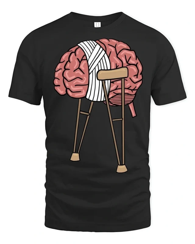 Funny Broken Brain On Crutches Graphic T Shirt Mental Humor Tee - black t-shirt on white background