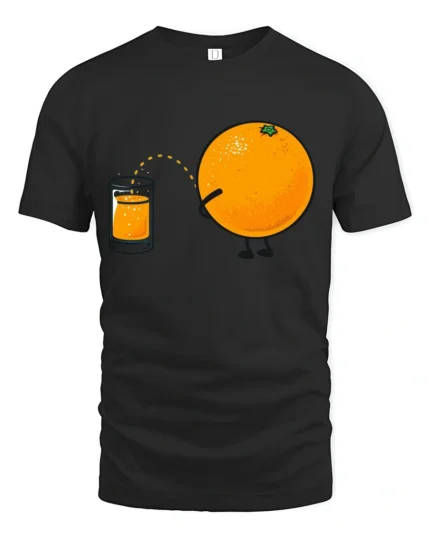 Funny Orange Juice Pee Humor Graphic T Shirt Silly Cartoon Tee - black t-shirt on white background