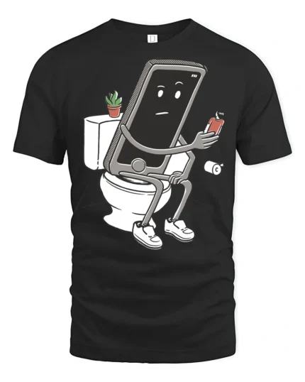 Funny Phone Sitting On Toilet Social Media Addict Graphic T Shirt - black t-shirt on white background