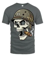 Vintage War Skull Soldier Graphic T Shirt Smoking Skull Army Tee - gray t-shirt on white background