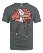 Funny Broken Brain On Crutches Graphic T Shirt Mental Humor Tee - gray t-shirt on white background