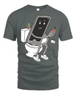 Funny Phone Sitting On Toilet Social Media Addict Graphic T Shirt - gray t-shirt on white background