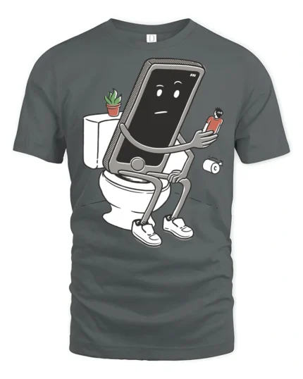 Funny Phone Sitting On Toilet Social Media Addict Graphic T Shirt - gray t-shirt on white background