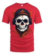 Skull Headphones DJ Graphic T Shirt Dark Gothic Music Streetwear Tee - red t-shirt on white background