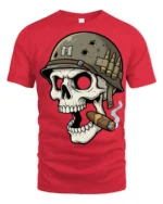 Vintage War Skull Soldier Graphic T Shirt Smoking Skull Army Tee - red t-shirt on white background