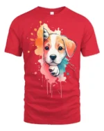 Cute Puppy Splash Art Graphic T Shirt Colorful Dog Lover Tee - red t-shirt on white background