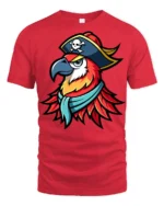 Pirate Parrot Captain Graphic T Shirt Colorful Bird Adventure Tee - red t-shirt on white background