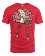 Funny Broken Brain On Crutches Graphic T Shirt Mental Humor Tee - red t-shirt on white background