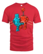 Funny Robot Kick Boxing Meme Graphic T Shirt Retro Cartoon Humor Tee - red t-shirt on white background