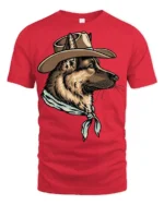 Western Cowboy Dog German Shepherd Vintage Country Style Graphic T Shirt - red t-shirt on white background