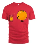 Funny Orange Juice Pee Humor Graphic T Shirt Silly Cartoon Tee - red t-shirt on white background