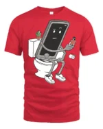 Funny Phone Sitting On Toilet Social Media Addict Graphic T Shirt - red t-shirt on white background