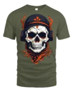 Skull Headphones DJ Graphic T Shirt Dark Gothic Music Streetwear Tee - military green t-shirt on white background