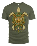 Tribal Sea Turtle Aztec Pattern Ancient Style Graphic T Shirt - military green t-shirt on white background