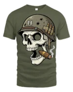 Vintage War Skull Soldier Graphic T Shirt Smoking Skull Army Tee - military green t-shirt on white background