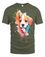Cute Puppy Splash Art Graphic T Shirt Colorful Dog Lover Tee - military green t-shirt on white background