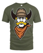 Retro Cowboy Mustache Graphic T Shirt Western Outlaw Style Tee - military green t-shirt on white background