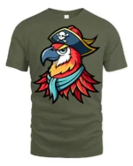 Pirate Parrot Captain Graphic T Shirt Colorful Bird Adventure Tee - military green t-shirt on white background