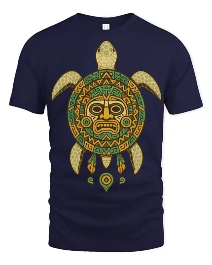 Tribal Sea Turtle Aztec Pattern Ancient Style Graphic T Shirt - navy t-shirt on white background