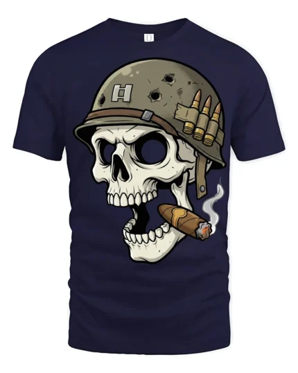 Vintage War Skull Soldier Graphic T Shirt Smoking Skull Army Tee - navy t-shirt on white background