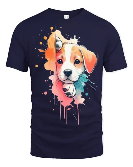 Cute Puppy Splash Art Graphic T Shirt Colorful Dog Lover Tee - navy t-shirt on white background