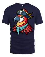 Pirate Parrot Captain Graphic T Shirt Colorful Bird Adventure Tee - navy t-shirt on white background