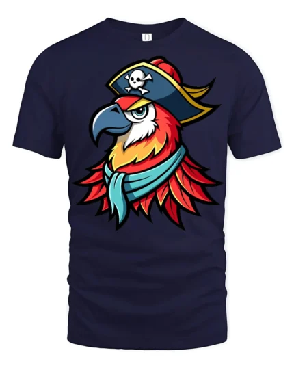 Pirate Parrot Captain Graphic T Shirt Colorful Bird Adventure Tee - navy t-shirt on white background
