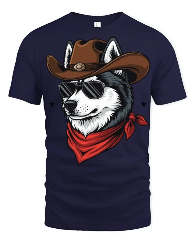 Cool Cowboy Husky Dog Graphic T Shirt Western Sunglasses Tee - navy t-shirt on white background