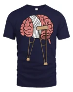Funny Broken Brain On Crutches Graphic T Shirt Mental Humor Tee - navy t-shirt on white background