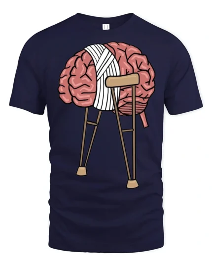 Funny Broken Brain On Crutches Graphic T Shirt Mental Humor Tee - navy t-shirt on white background