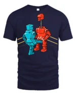 Funny Robot Kick Boxing Meme Graphic T Shirt Retro Cartoon Humor Tee - navy t-shirt on white background