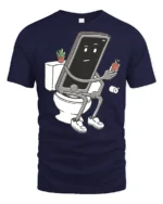Funny Phone Sitting On Toilet Social Media Addict Graphic T Shirt - navy t-shirt on white background