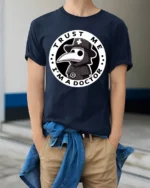 Trust Me Im A Doctor Plague Mask Funny Halloween Graphic T Shirt - model wearing navy tee with hands in pockets