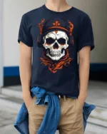 Skull Headphones DJ Graphic T Shirt Dark Gothic Music Streetwear Tee - model wearing navy tee with hands in pockets