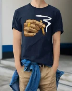 Cool Hand Smoking Blunt Street Style Urban Graphic T Shirt - model wearing navy tee with hands in pockets