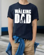 The Walking Dad Funny Father Parody Graphic T Shirt Cool Dad Tee - model wearing navy tee with hands in pockets