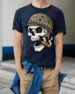 Vintage War Skull Soldier Graphic T Shirt Smoking Skull Army Tee - model wearing navy tee with hands in pockets