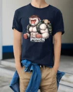 Punch 2030 Angry Gorilla Graphic T Shirt Funny Strong Ape Tee - model wearing navy tee with hands in pockets