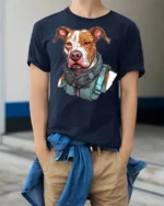 Tactical Pitbull Dog Graphic T Shirt Cool Guard Dog Streetwear Tee - model wearing navy tee with hands in pockets
