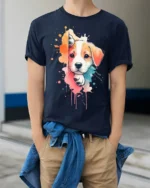 Cute Puppy Splash Art Graphic T Shirt Colorful Dog Lover Tee - model wearing navy tee with hands in pockets