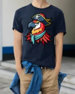 Pirate Parrot Captain Graphic T Shirt Colorful Bird Adventure Tee - model wearing navy tee with hands in pockets
