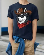 Cool Cowboy Husky Dog Graphic T Shirt Western Sunglasses Tee - model wearing navy tee with hands in pockets